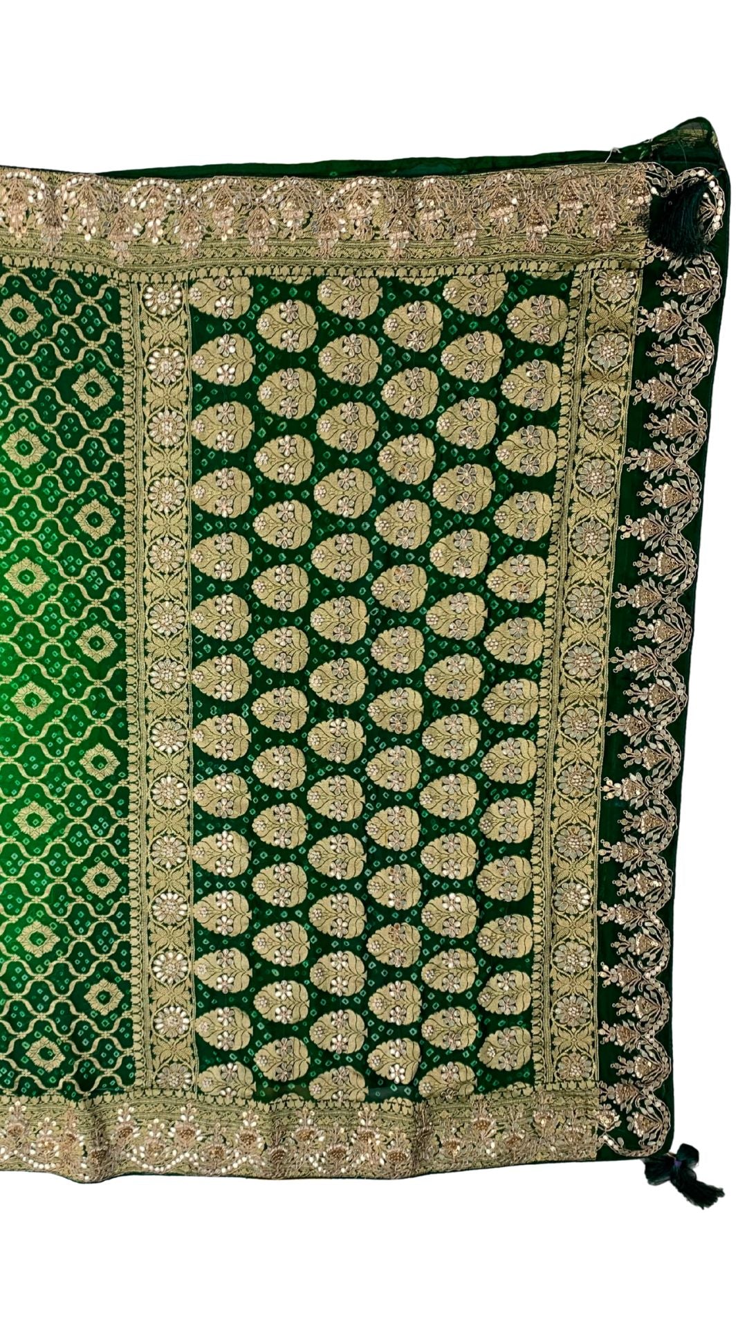 Green Pure Georgette Bandhej Unstitched Saree with Gota, Dabka & Dori Work
